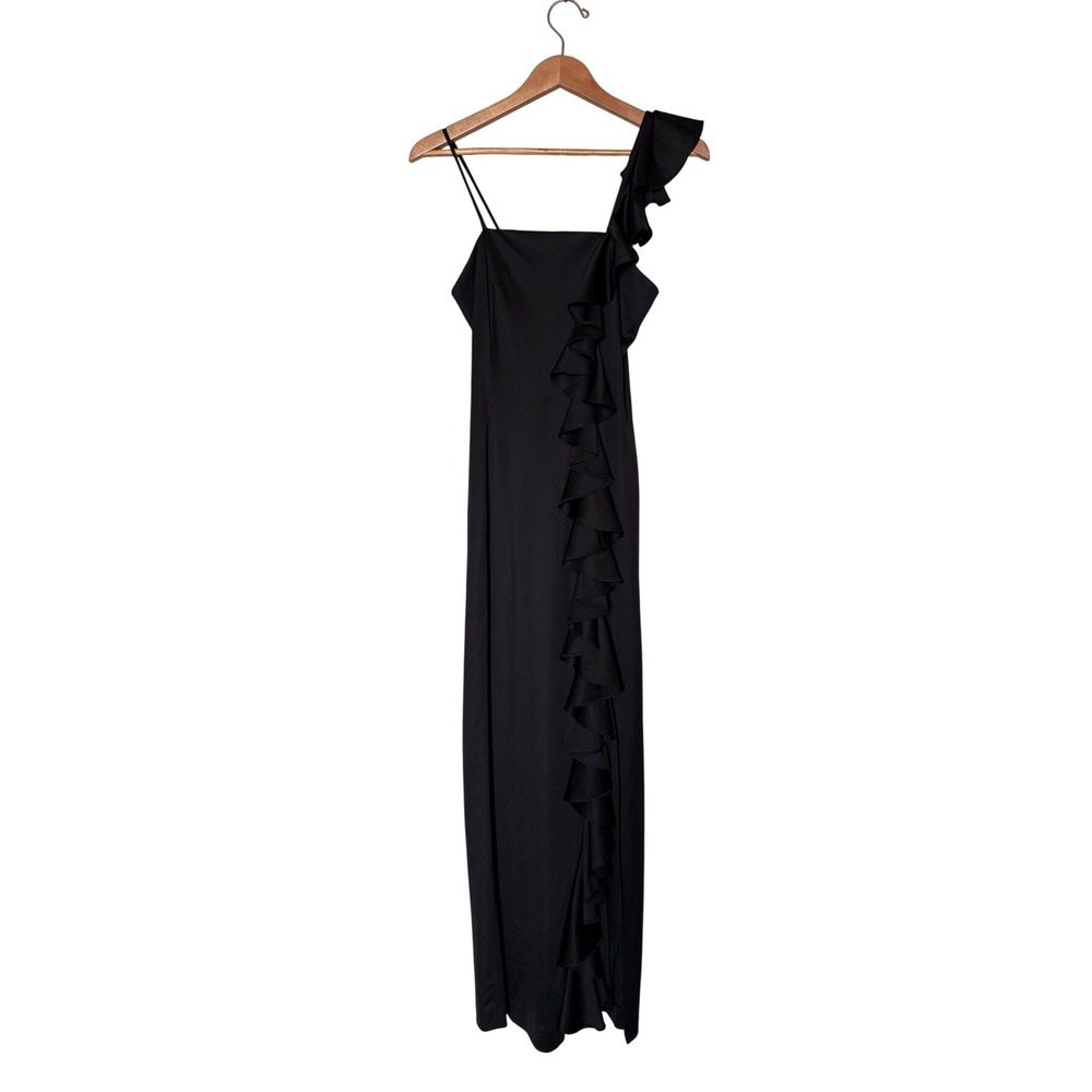 Vintage Fredericks of Hollywood Black Ruffle One Shoulder Maxi Gown Dress‎ Small